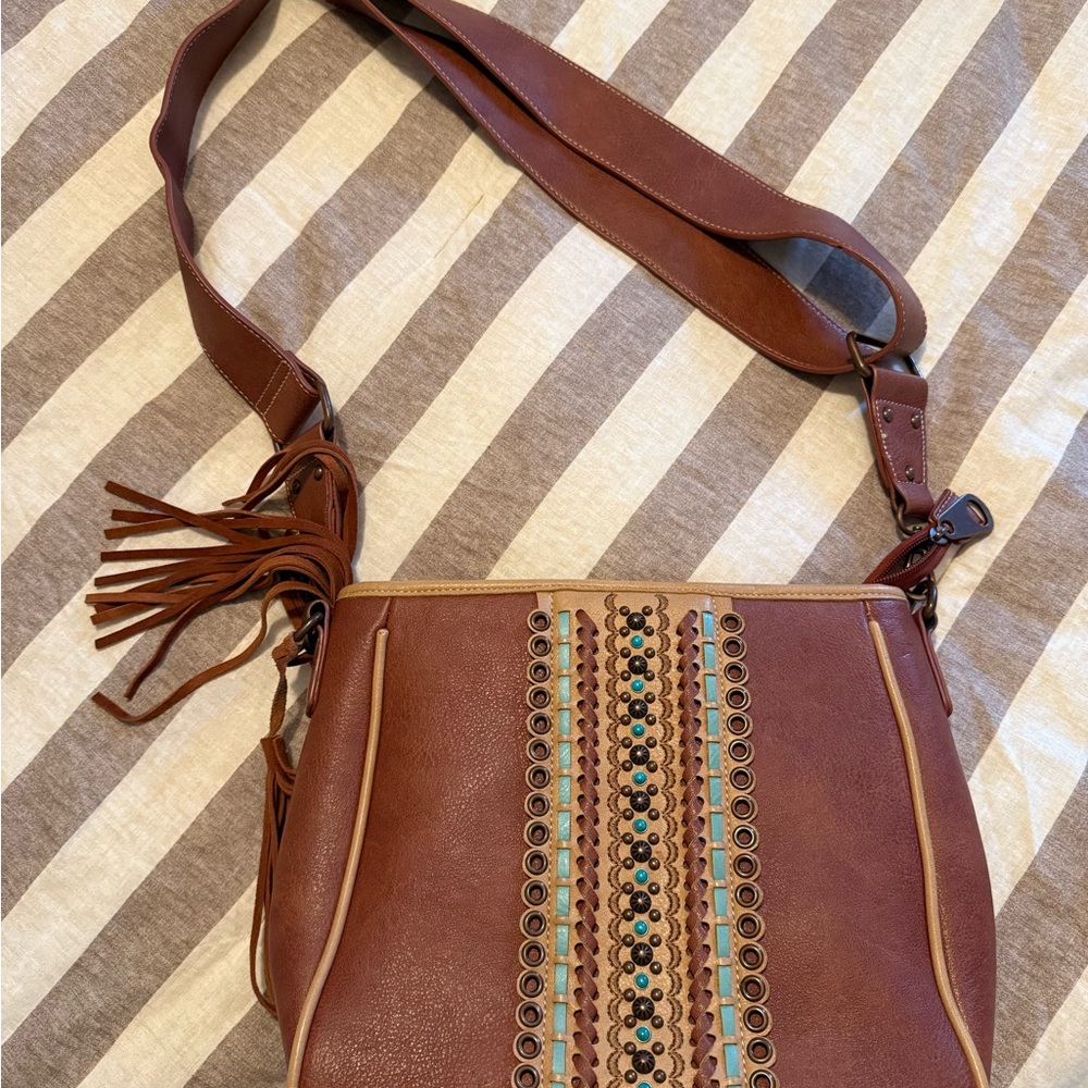 Brown Leather Shoulder Bag with Embellishments